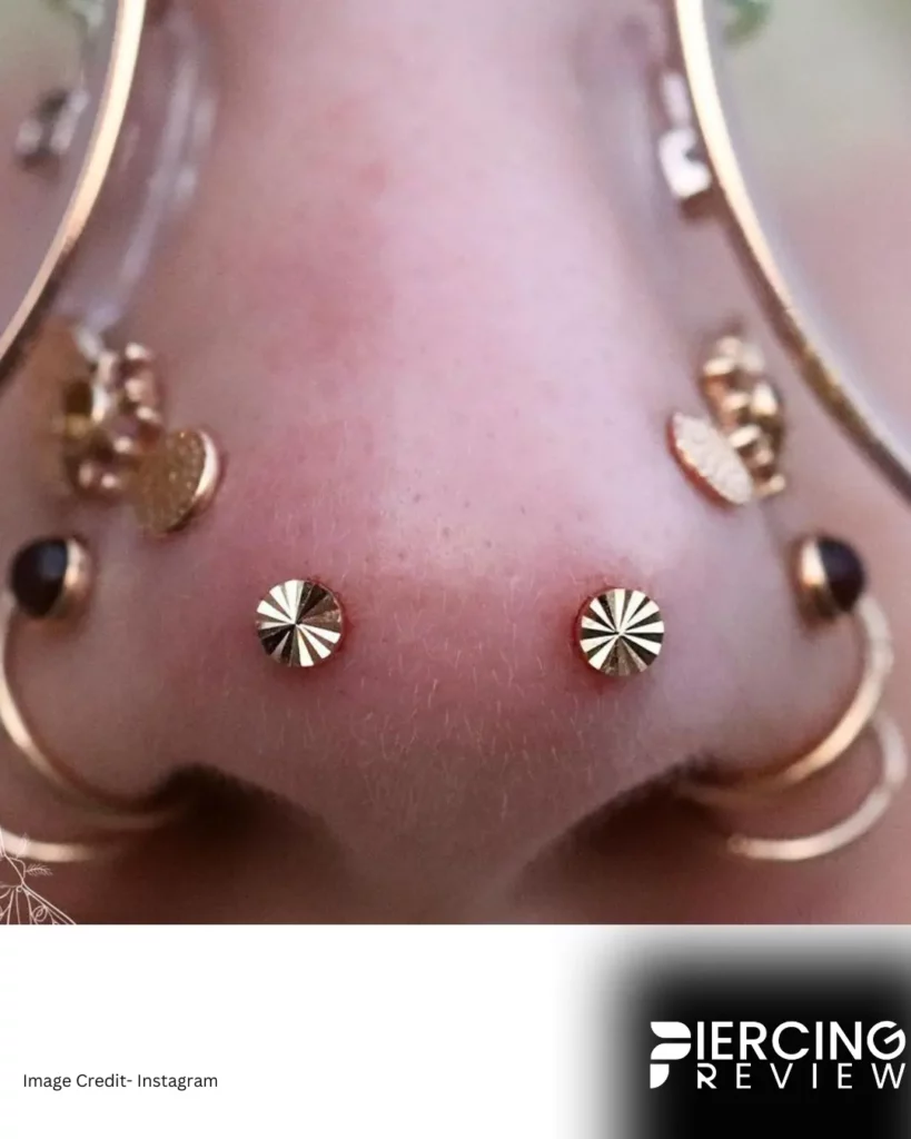 gold stud tip on nose girl images - double Mantis Piercing